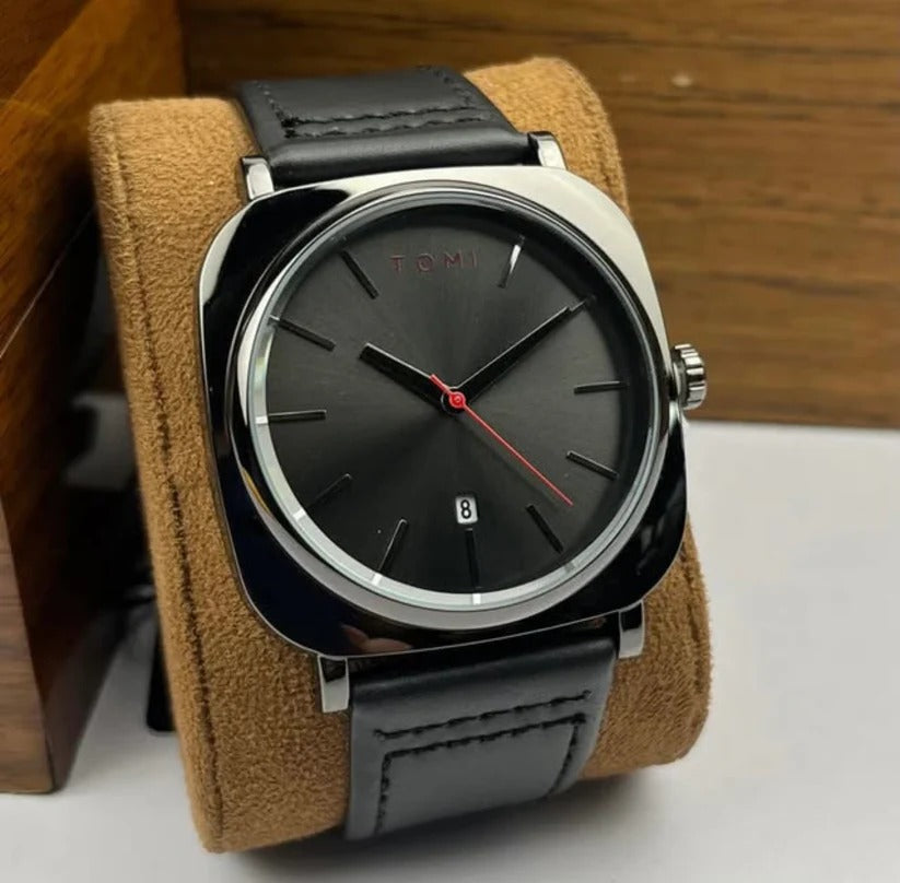 TOMI men’s black dial wrist watch leather strap Pakistan