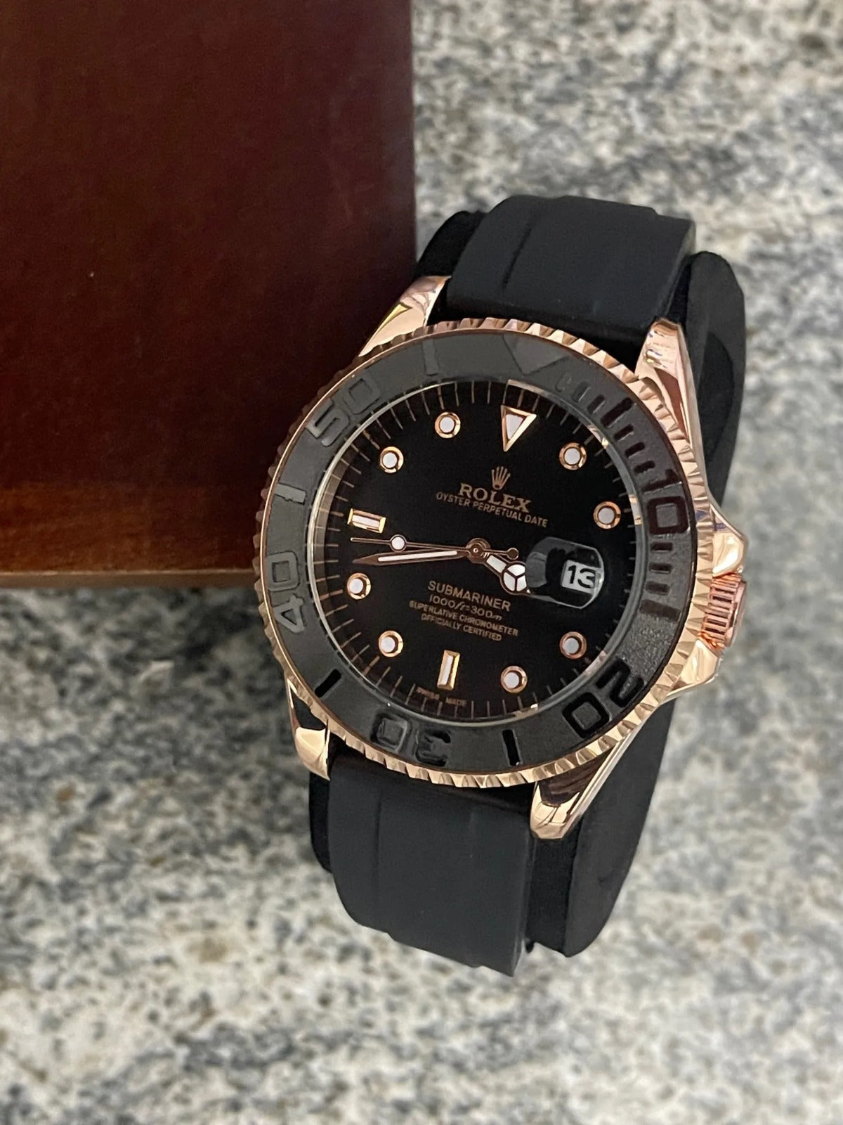Luxury Submariner Style Men's Watch – Black Dial, Rose Gold Case & Rubber Strap RiwayatbyRida