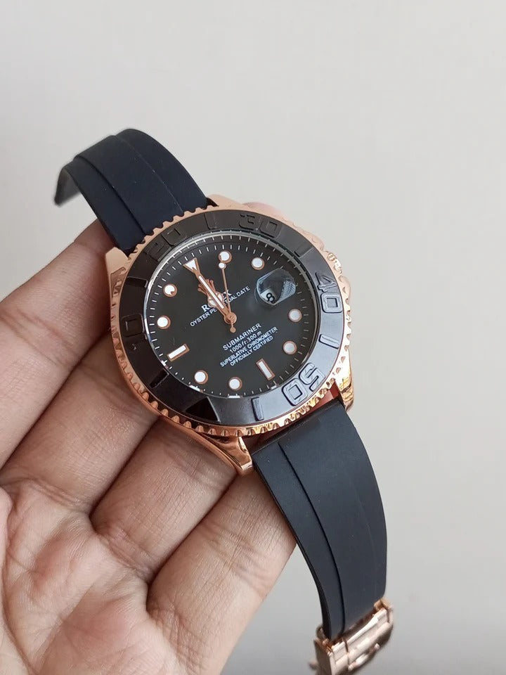 Luxury Submariner Style Men's Watch – Black Dial, Rose Gold Case & Rubber Strap RiwayatbyRida